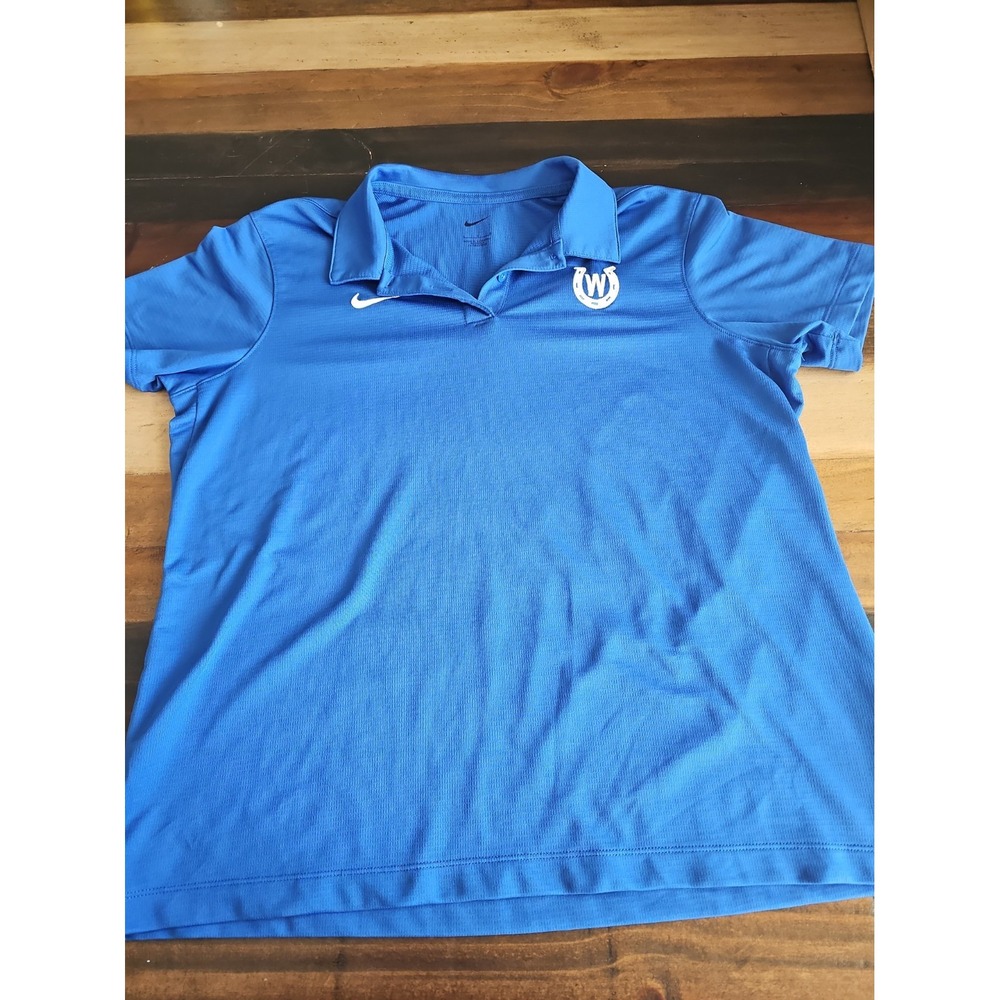 Nike Dri-FIT Men's Blue Golf Polo Shirt Size L Embroidered W Horseshoe Logo 0070